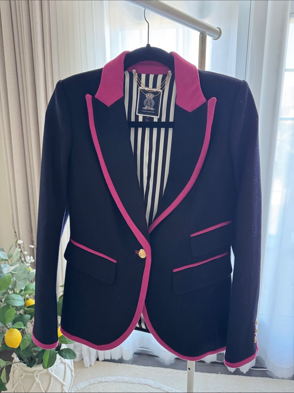 Juicy Couture Ladies Nazy Wool Blazer with Pink Trim - Classic Tailored Jacket